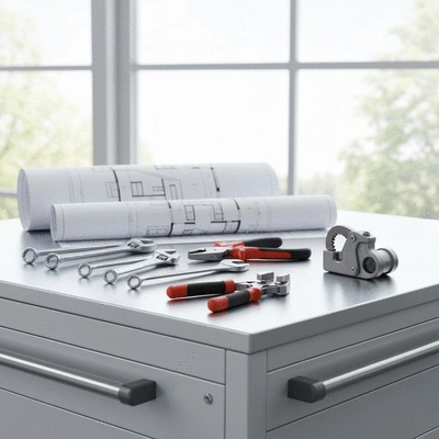 Outils de plomberie posés sur un plan de travail avec des plans de maison en arrière-plan, lumière naturelle