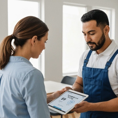 Client discutant des options de devis avec un plombier transparent sur les prix