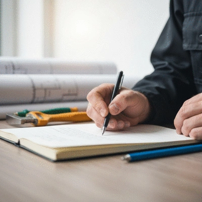 Gros plan sur la main d'un plombier écrivant des notes sur un devis, avec des outils en arrière-plan flou, en lumière naturelle, no text, no words, no typography, clean image