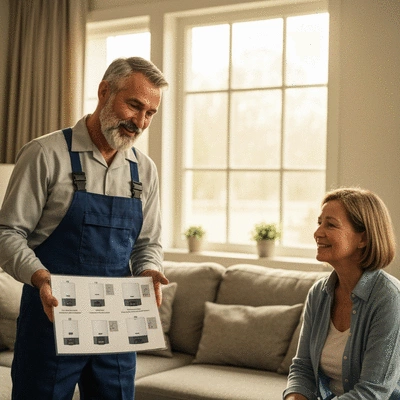 Plombier-chauffagiste expliquant les types de chaudières à un client, dans un cadre résidentiel, ambiance conviviale, lumière naturelle, no text, no words, no typography, 8K