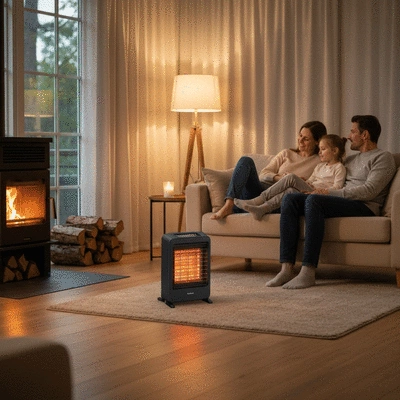 Family relaxing in a warm living room with a modern portable heater