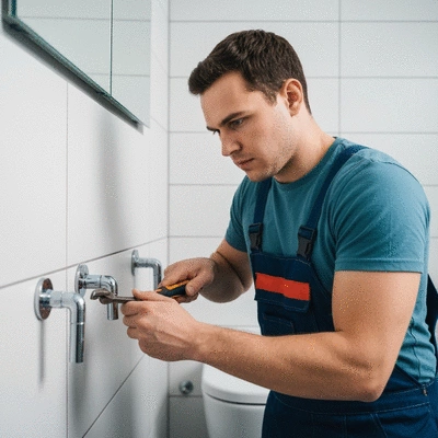Plombier professionnel réparant une fuite d'eau dans une salle de bain moderne