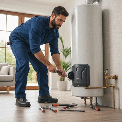 Professional plumber installing a water heater in a residential setting