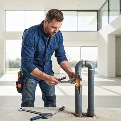Plombier chauffagiste réparant une fuite d'eau dans une maison à Nîmes