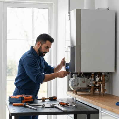 Plombier chauffagiste vérifiant une chaudière moderne dans une maison propre, avec des outils professionnels à proximité