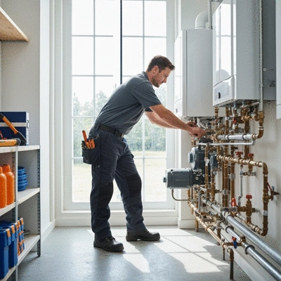Professional plumber inspecting a boiler system, clean image, no text, no words, no typography