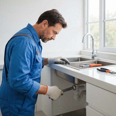 Plombier professionnel réparant une fuite d'eau dans une maison moderne
