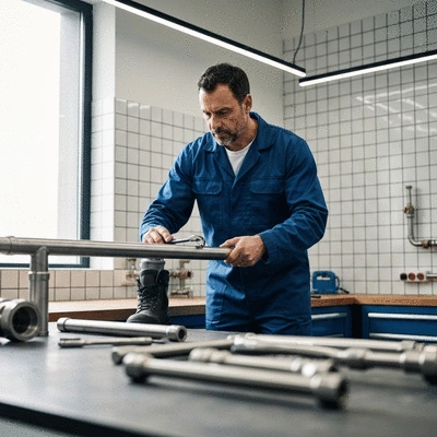 Plombier professionnel à Nîmes inspectant un tuyau, mettant en évidence l'expertise et la sécurité, no text, no words, no typography