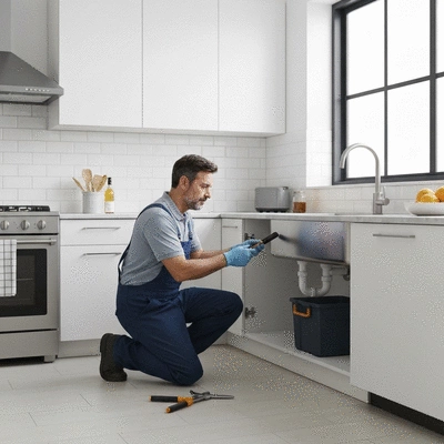 Plumber examining pipes in a house