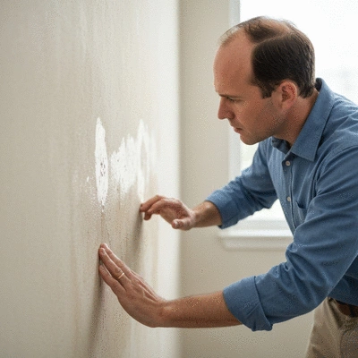 Person inspecting a damp wall for water damage signs