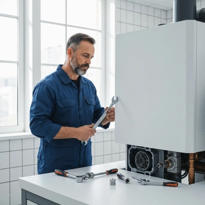 Technician checking a modern boiler for maintenance