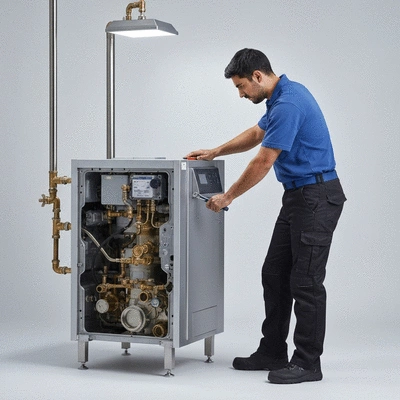 Professional technician inspecting a modern boiler with tools