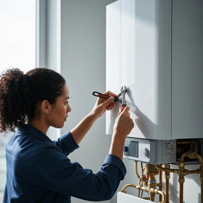 Professional technician performing maintenance on a modern boiler