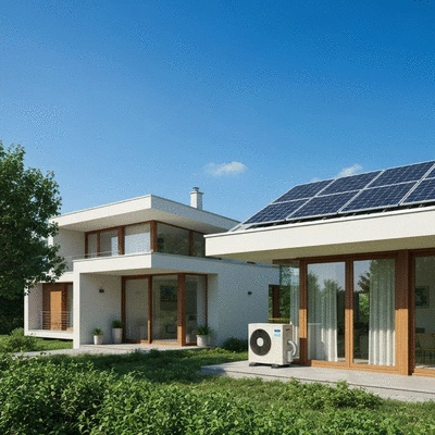 Modern eco-friendly home with solar panels on the roof and a heat pump unit outside, surrounded by green nature under a clear sky, no text, no words, no typography, clean image