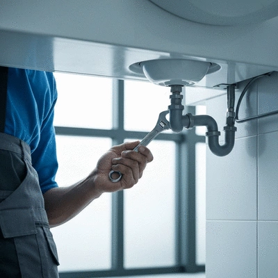 Gros plan sur la main d'un plombier ajustant un raccord de tuyau sous l'évier