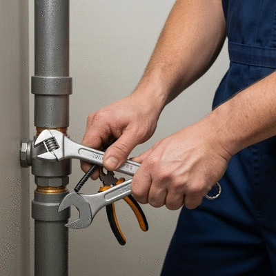 Mains d'un plombier réparant un tuyau qui fuit, gros plan, outils de plomberie, ambiance professionnelle, no text, no words, no typography, 8K