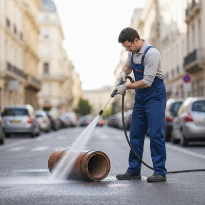 Professional plumber using high-pressure water jet for pipe cleaning in Nîmes, France