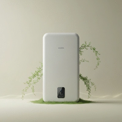 Eco-friendly water heater with green leaves around it
