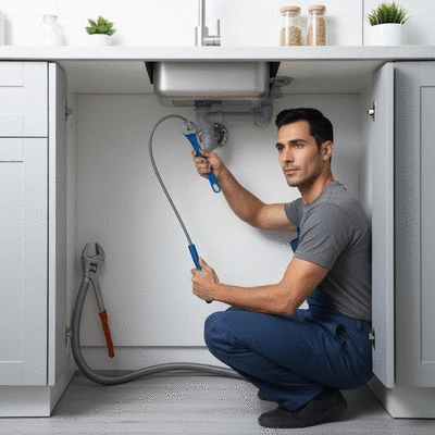Plombier réparant une fuite d'eau sous un évier