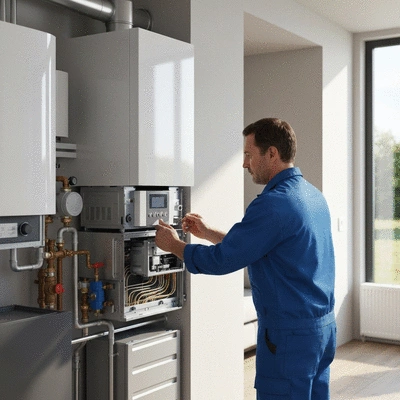 Professional plumber inspecting a boiler system in a modern home