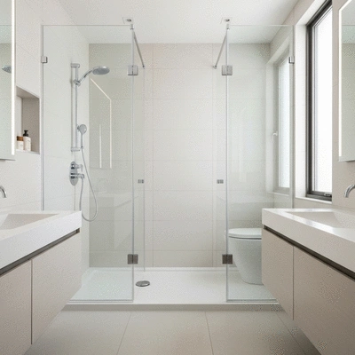 Modern and clean bathroom with a walk-in shower and elegant fixtures, natural light, no text, no words, no typography, clean image