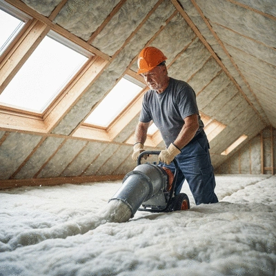 Home insulation being installed in an attic, showing thick insulation material and a worker, clean image, no text