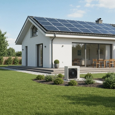 Modern eco-friendly home with solar panels and a heat pump visible