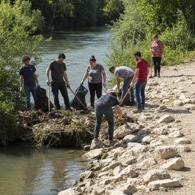 Community members cleaning a riverbank in Nîmes, demonstrating environmental engagement, no text, no words, no typography, no labels, clean image