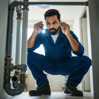 Plumber inspecting pipes with a flashlight, focused and professional