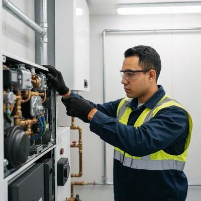 Professional heating engineer working on a modern boiler system, tools nearby, clean and well-lit environment