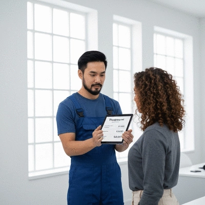 Plumber showing transparent pricing to a customer on a digital tablet, clean modern office, no text, no words, no typography, no labels, clean image