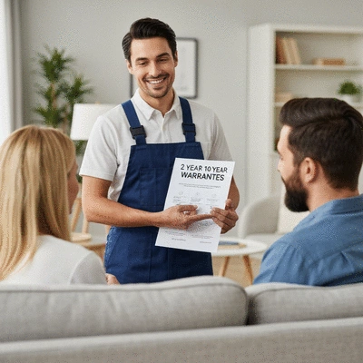 Plombier professionnel expliquant les garanties biennale et décennale à un couple de clients, dans un salon moderne, ambiance de confiance, no text, no words, no typography, no labels, clean image