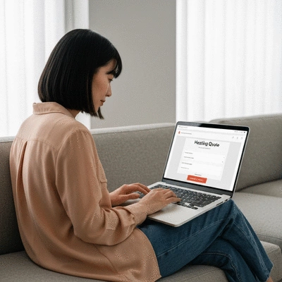 Person using a laptop to fill out an online form for a heating quote, modern home background, no text, no words, no typography, no labels, clean image