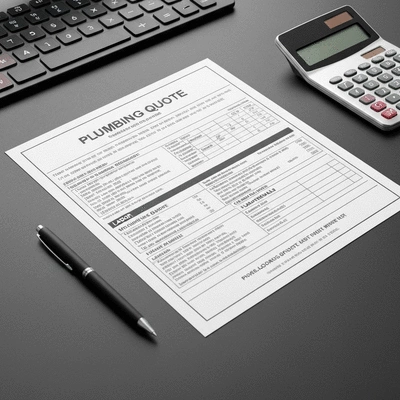 Detailed plumbing quote document with pen and calculator