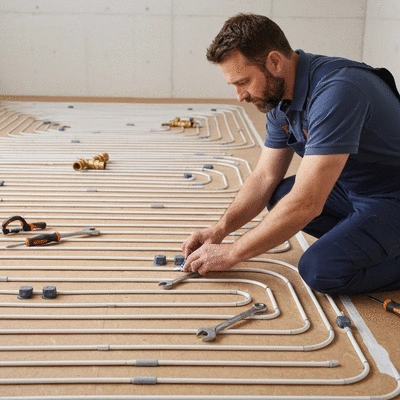 Professional plumber inspecting underfloor heating system, tools visible, no text, no words, no typography, clean image