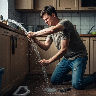 Personne essayant de réparer une fuite d'eau à la maison, avec de l'eau qui s'écoule, montrant les risques du bricolage, no text, no words, no typography
