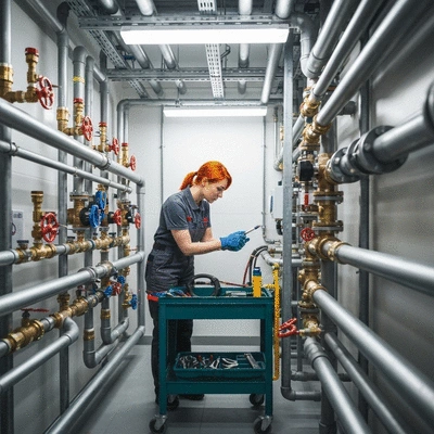 Plombier chauffagiste inspectant des tuyaux