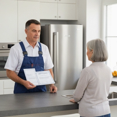 Plombier certifié montrant ses certifications et documents d'assurance à un client, dans une cuisine moderne, ambiance professionnelle, no text, no words, no typography, no labels, clean image