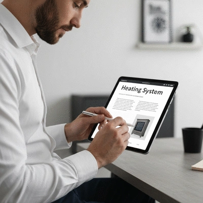 Person reviewing a heating system quote on a tablet with a pen, clean modern design, no text, no words, no typography, no labels, clean image