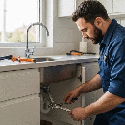 Plombier inspectant un tuyau qui fuit sous un lavabo, avec des outils de plomberie, mettant en évidence l'expertise et l'intervention rapide
