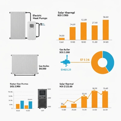 Infographic illustrating different types of heating solutions with their costs and ROI, clean design, no text, no words, no typography, clean image