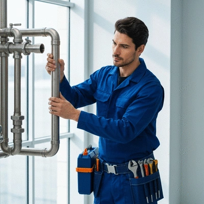 Plombier professionnel inspectant des tuyaux de plomberie modernes pour la conformité aux normes sanitaires, environnement propre, gros plan, lumière naturelle