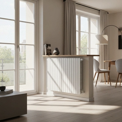 Modern radiator installed in a bright, clean living room in Nîmes, France
