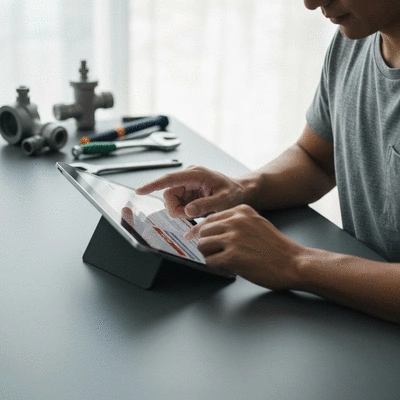 Personne utilisant une tablette pour remplir un formulaire de devis en ligne de plomberie, outils de plomberie en arrière-plan