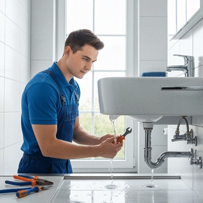 Plombier examinant une fuite d'eau sous un évier dans une salle de bain moderne, avec des outils de plomberie à proximité