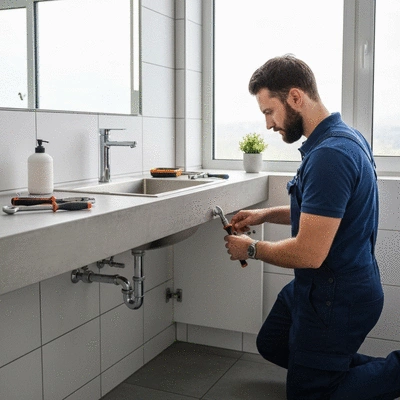 Plombier professionnel réparant une fuite d'eau dans une salle de bain moderne
