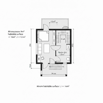 Architectural blueprint of a housing unit with measurements, illustrating minimum habitable surface requirements