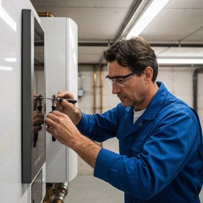 Professional plumber inspecting a boiler in a clean, modern basement