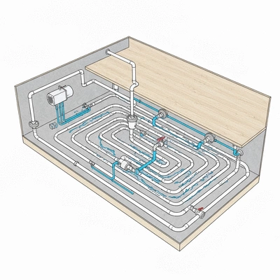 Illustration d'un système de plancher chauffant hydraulique avec des tuyaux sous le sol