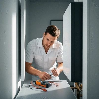 Plombier chauffagiste vérifiant un système de chauffage